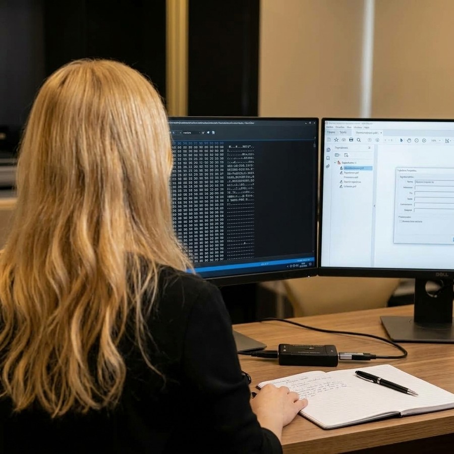 Perita analisando documentos digitais em dois monitores