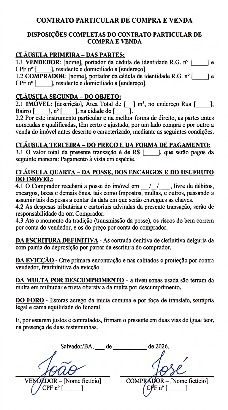 Contrato particular de compra e venda fictício, com assinaturas
